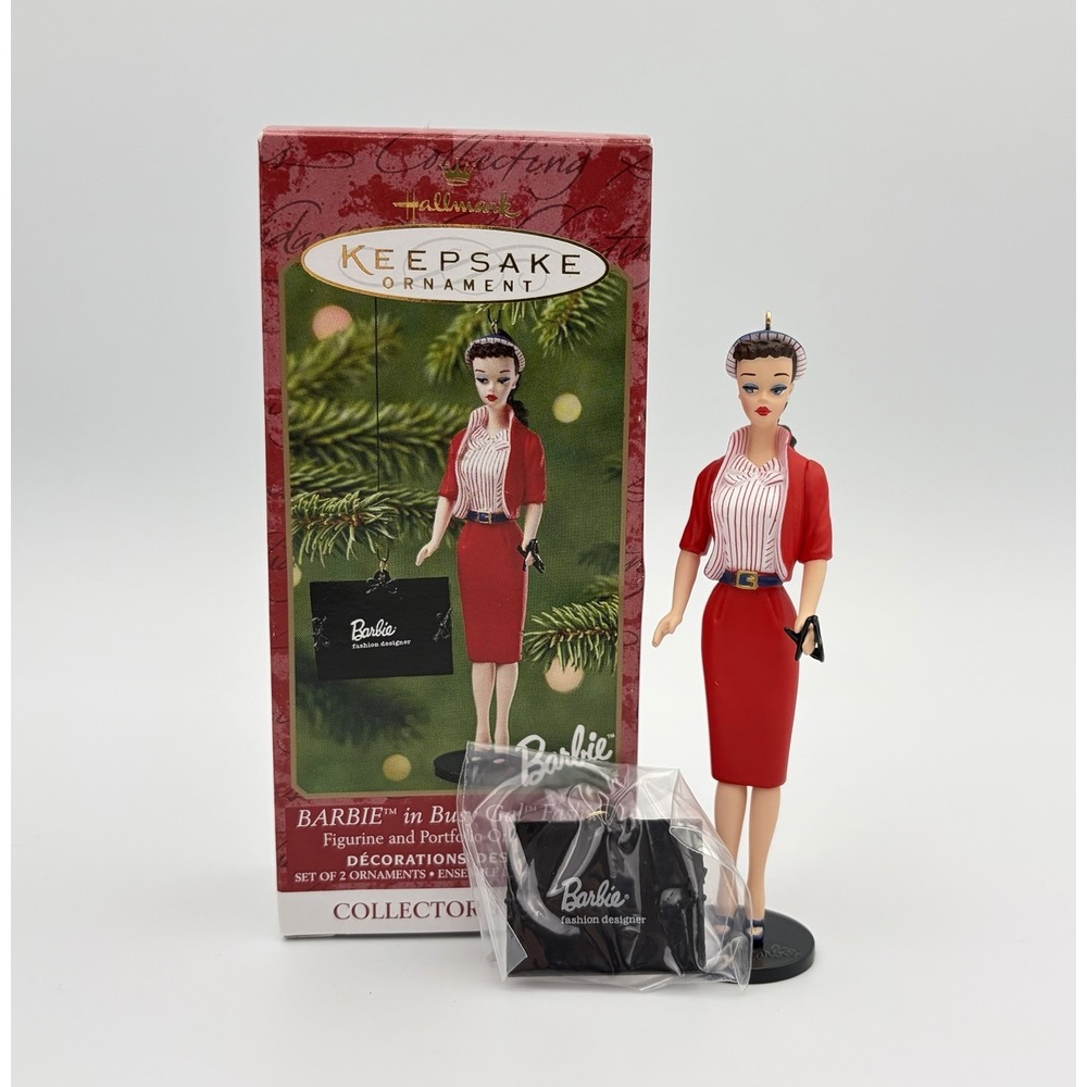 Hallmark 2001 Busy Gal Barbie Figurine & Portfolio Keepsake Ornament Set QX6965